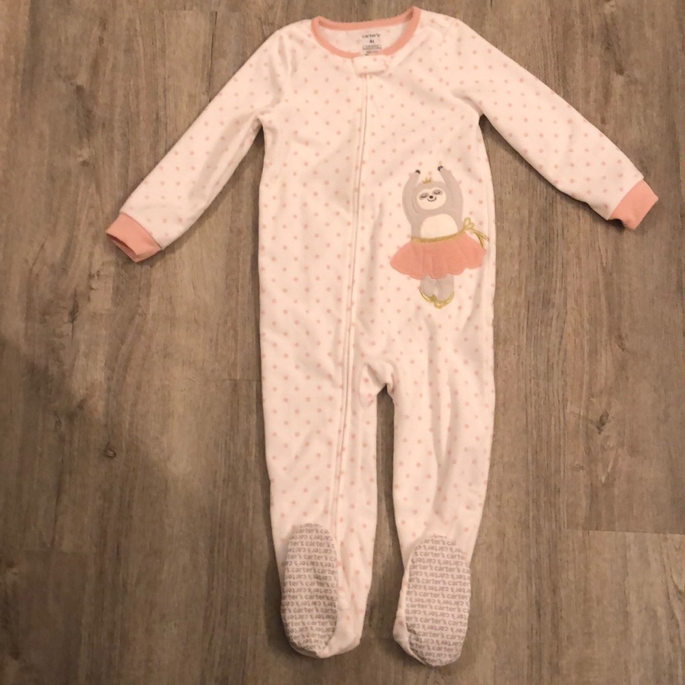 4T Carters zip up footed sleeper- white with pink polka dots sloth  ballerina